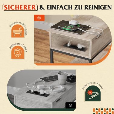 Журнальний столик WLIVE з розеткою, 3-рівнева тумбочка з місцем для зберігання, 2 розетки змінного струму, 2 USB-порти, складна стільниця, журнальний столик для вітальні, кабінету, сірий