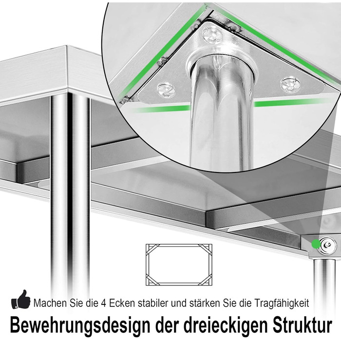 Робочий стіл з нержавіючої сталі UISEBRT з підніжкою, Кухонний стіл з нержавіючої сталі з регульованими ніжками, Кухонний стіл/розбірний стіл з дуже великою нижньою полицею, 150 x 50 x 85 см, з підніжкою