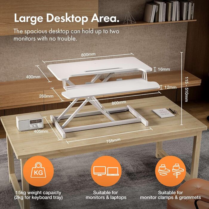 Підставка для столу VonHaus, регульована по висоті для сидіння/стояння, підставка для столу з лотком для клавіатури, тримачем для двох моніторів та відділенням для планшета (білий колір)