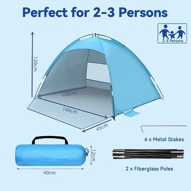 Пляжний намет із захистом від ультрафіолету, пляжний намет UPF 50, невеликий розмір для 2-3 осіб, портативний пляжний намет, вітрозахисний, легкий з сумкою для перенесення