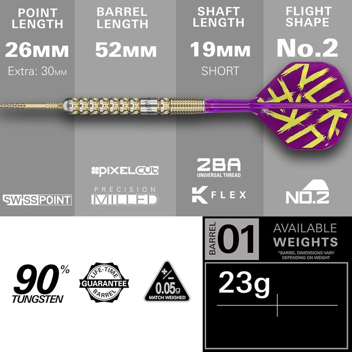 Дартс Target Luke Littler Gen 1 Prodigy зі сталевим наконечником Swiss Point, 90 вольфрам, 22G/23G/24G Дартс Generation 1 зі золотим сталевим наконечником, G1 Player Edition, набори дротиків Swiss Points, флажки та древки
