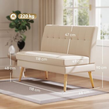 Місний диван HOMCOM з лляним виглядом, спинка з м&39якою оббивкою, невеликий сучасний м&39який диван, 118 см, м&39який двоспальний диван з дерев&39яними ніжками для віталень, невеликі приміщення, бежевий, 2-
