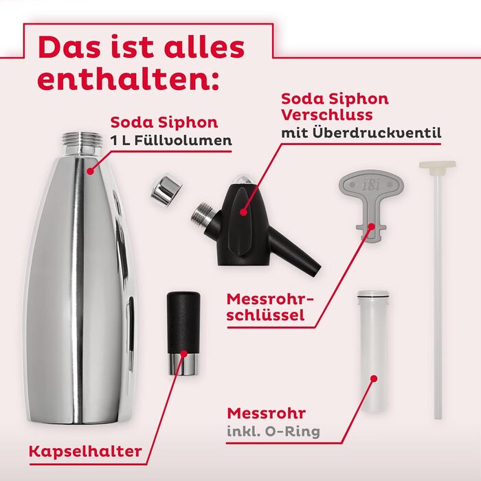 Сифон для газованої води 1 л з капсулами CO2 6x10 в стартовому наборі - Картриджі для газованої води з нержавіючої сталі для газованої води, лонг-дрінків і коктейлів - Аксесуари для бару Soda Maker - Зроблено в Австрії