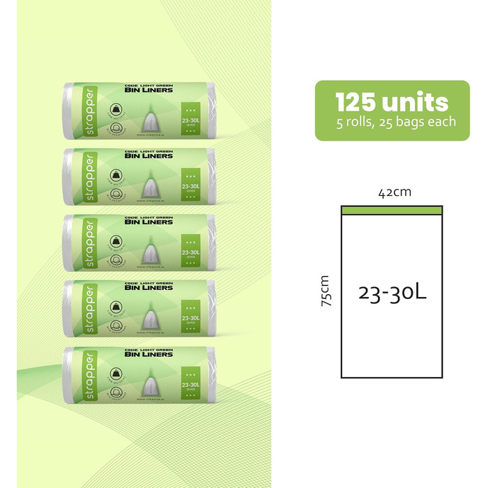 Сміттєві пакети Strapper 125 світло-зелені Підходять для сміттєвих баків Brabantia з кодом G та сміттєвих баків Simplehuman з кодом D 23-30 літрів світло-зелені - 23-30 л 125 шт. (1 упаковка)
