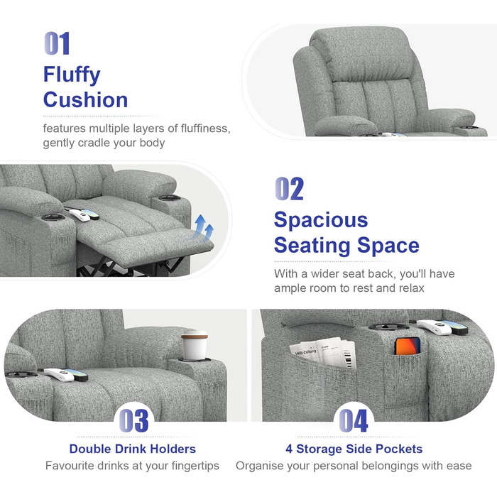 Електричне масажне крісло-реклайнер YONISEE з функцією відкидання, підйомником, масажем, підігрівом, підставкою для ніг, підстаканником, 4 бічними кишенями, портами типу C та USB, шкіряним, кріслом для вітальні, темно-сірим