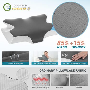 Ортопедична подушка Elviros з піни з ефектом пам&39яті, ергономічна подушка для шиї, подушка для голови для сну на боці, охолоджувальна подушка для підтримки шиї зі знімною наволочкою для сну на спині та животі, колір &quotкосмічний сірий&quot, 64(11,5/13