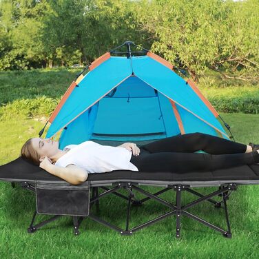 Складане туристичне ліжко з наматрацником для дорослих, XXL 190 x 71 x 38 см, Складане туристичне ліжко з матрацом для кемпінгу, саду, використання в приміщенні та на вулиці, чорне