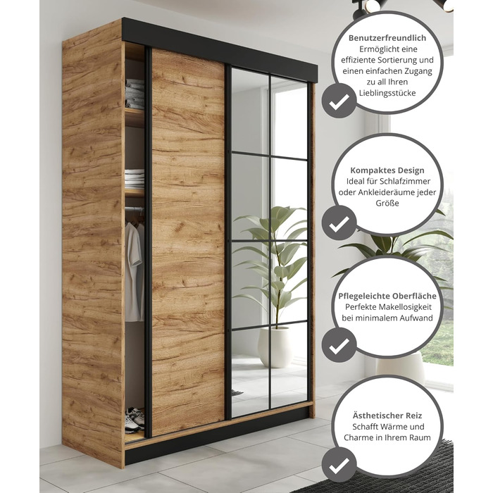 Шафа-купе з дзеркалом - Шафа для спальні - Шафа для спальні - Шафа - Шафи - Шафи - 138x205x59 - Чорний