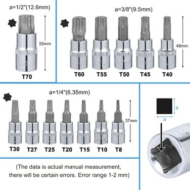 Набір біт Torx Gueenky 13 шт., T8 - T70, насадки Torx 1/4, 3/8, 1/2, комплект головок Torx та зірочкових