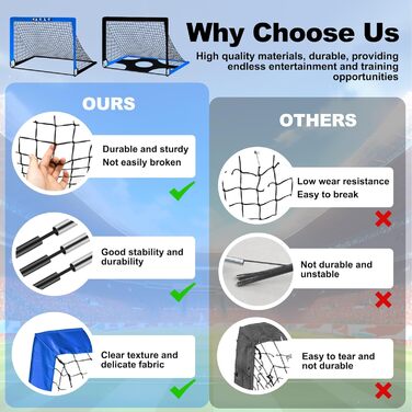 Висувні футбольні ворота для дітей, садові футбольні ворота, вуличні футбольні ворота для дітей з цільовими зонами, три ворота, футбольні, 6 перешкод та сумка для перенесення, сині