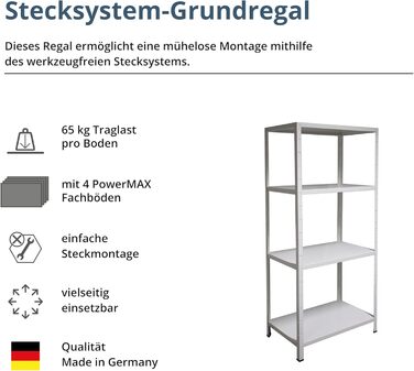 Система полиць SCHULTE з 4 полицями PowerMAX, вантажопідйомність 65 кг, 180x80x40 см (ВxШxГ), білий, полиця для зберігання, полиця для майстерні, полиця для підвалу, полиця для гаража, металева полиця