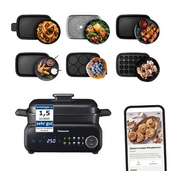 Мультипіч-гриль Panasonic NF-GM600 6-в-1 електрогриль, планча, тушкування, slow cook, BBQ та пароварка, 1400 Вт, 40250 C, 9 авторежимів, 6 антипригарних панелей, система відведення диму, 6 аксесуарів