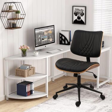 Офісне крісло CLATINA без підлокітників, стілець для столу з колесами, регульоване по висоті шкіряне поворотне комп&39ютерне крісло із середньою спинкою, сучасний стиль горіхового дерева для домашнього офісу, конференц-зал, чорний, комплект з