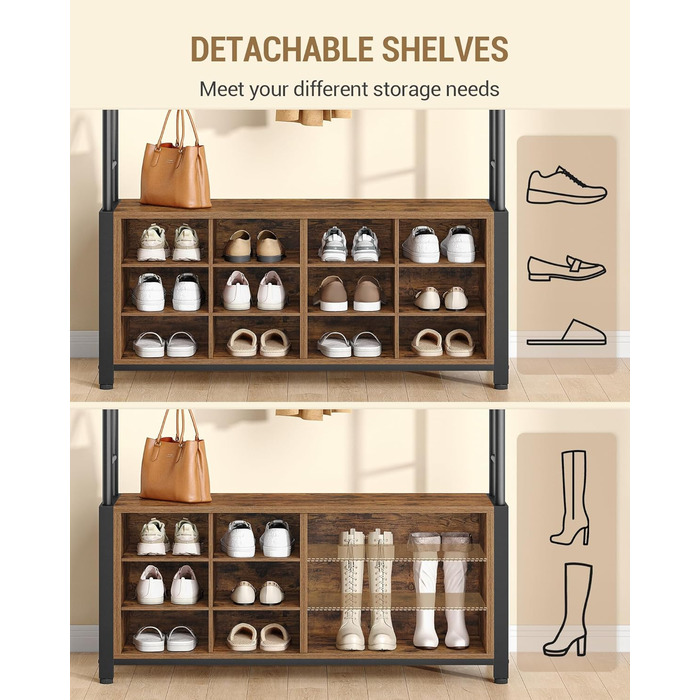 Вішалка для одягу Hzuaneri з лавкою для взуття, шафа з 13 гачками, 14 відкритими відділеннями, регульовані полиці, вішалка для одягу для коридору, вхідної зони, 31 x 108 x 187 см, вінтажний коричнево-чорний HT17901B