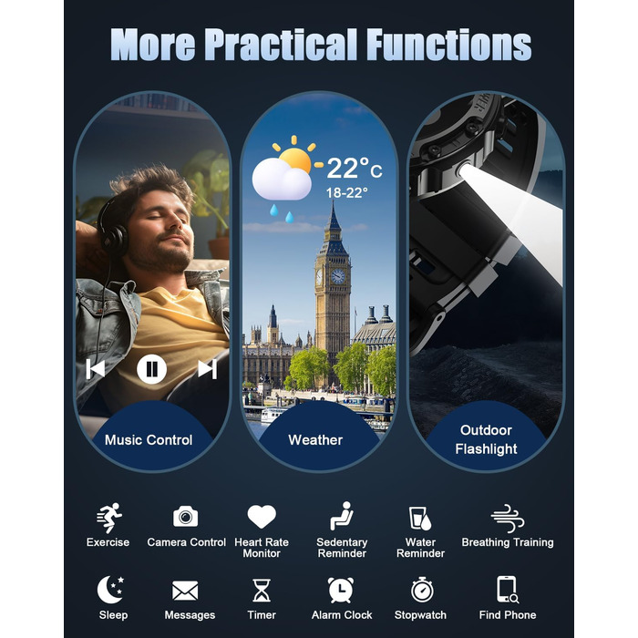 Чоловічий смарт-годинник, 1,45-дюймовий AMOLED смарт-годинник із здійсненням/прийомом дзвінків, 115 спортивних режимів, фітнес-годинник із пульсометром/крокоміром/монітором сну, водонепроникний спортивний годинник IP68, подарунок для нього, чорний смарт-г