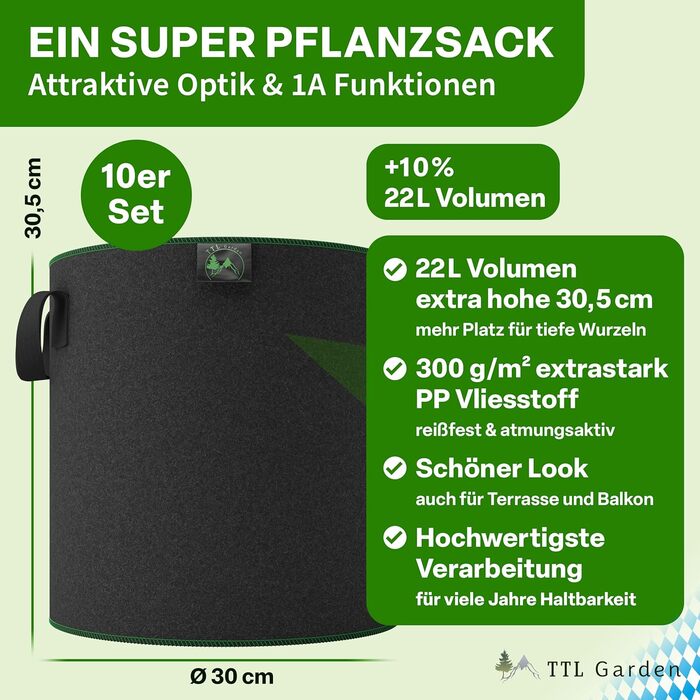 Мішки для посадки рослин TTL GARDEN 10 x 22 л з нетканого матеріалу - Набір з 10 шт. (20 л 10 22 літри) - Мішки для посадки з фетру та нетканого матеріалу 300 г/м - Контейнери для посадки на балкон, терасу, теплицю та саду - 22 літри - Набір з 10 шт. - Ун