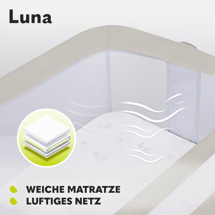 Портативне ліжечко Lionelo Luna ONE з матрацом, дорожнє ліжечко, від новонароджених до 9 кг, регульована висота та нахил, 4 колеса з гальмами, кріплення до ліжка батьків (бежевий) Бежевий одномісний