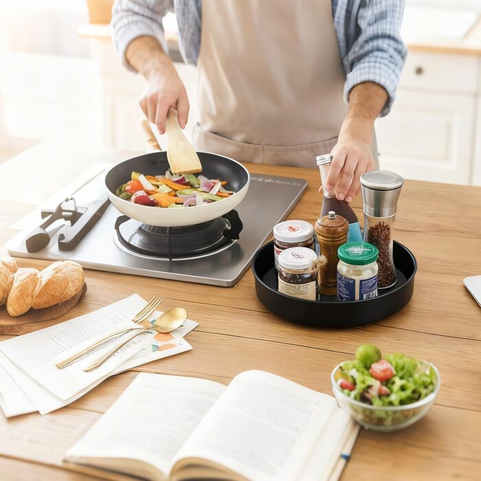 Обертова підставка для спецій для кухні, Кухонна підставка для спецій, Обертова підставка для спецій для зберігання спецій та банок у коморі, Органайзер для спецій з нержавіючої сталі (31 см) Чорний 31 см