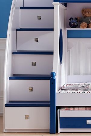 Дитяче двоярусне ліжко JooTech ліжко-горище дитяче ліжко функціональне ліжко зі сходами з полицею з ящиками 3 спальних місця синій