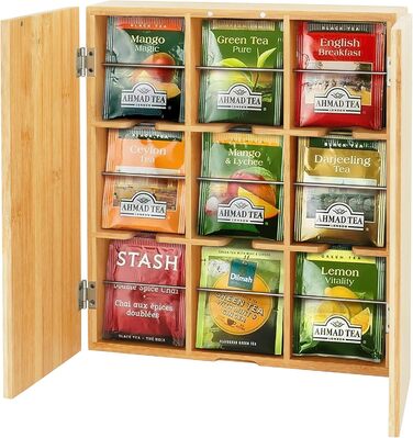 Чайна коробка Relaxdays, 9 відділень, бамбук, ВШХ 31 x 26,5 x 7 см, відділення для чайних пакетиків, кавових капсул, настінна, натуральний/срібний