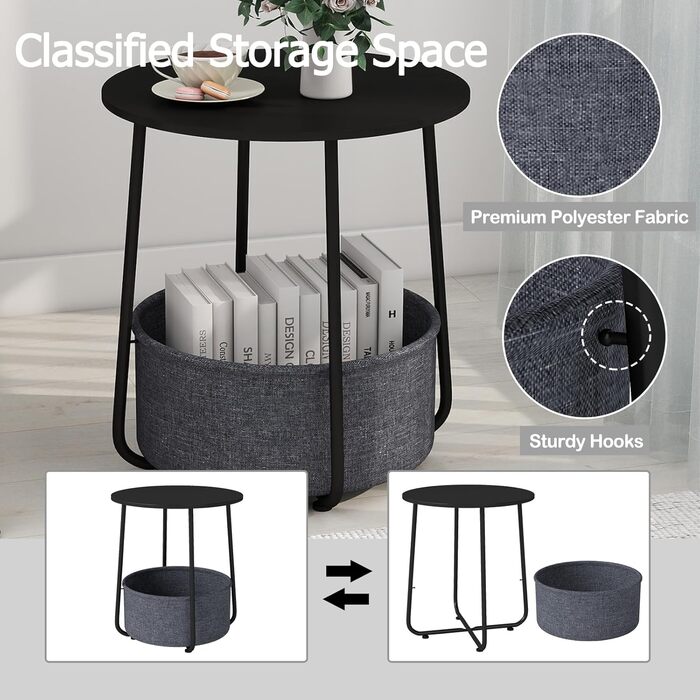 Круглий журнальний столик LIFEZEAL, сучасний столик для вітальні зі знімним кошиком для зберігання з тканини, тумбочка, маленький столик для вітальні, спальні, офісу (чорний темно-сірий)