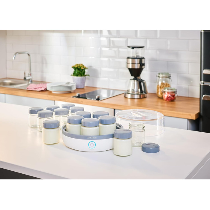 Йогуртниця SEVERIN, йогуртова машина з дисплеєм часу для приготування домашнього та веганського йогурту, містить 14 баночок для йогурту зі скляною кришкою, без BPA, JG 3520 з кнопкою