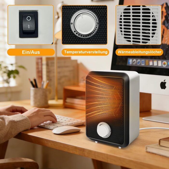 Міні-вентиляторний обігрівач 600 Вт, компактний електричний радіатор, захист від перегріву та перекидання, настільний обігрівач з термостатом, вогнестійкий матеріал V0, тихий мідний двигун, для столу/офісу/домашнього офісу (&lt10 м)