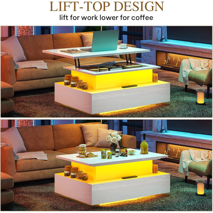 Журнальний столик з регульованою висотою, глянцевий стіл для вітальні з підйомною стільницею, сучасний журнальний столик для вітальні з 16-кольоровим світлодіодним освітленням та 2 шухлядами, білий, повний підйом