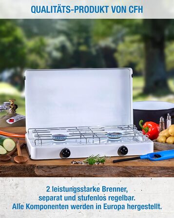 Двоконфорочна газова плита CFH Capri ZK 421 кемпінгова газова плита з регулятором тиску газу 50 мбар та газовим шлангом 80 см, потужність 3,8 кВт, витрата 277 г/год, знімна кришка та хромована решітка, зроблено в Європі