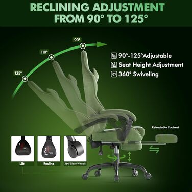 Ігрове крісло, Дихаюче та ергономічне офісне крісло з мікрофібри велюру, Комп&39ютерне крісло з регульованим підголівником та поперековою подушкою, підлокітниками, підставкою для ніг (зелене) Зелений LW200
