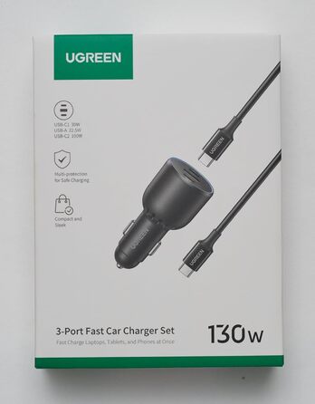 Прикурювач UGREEN USB C 130 Вт USB C Автомобільний зарядний пристрій 3-портовий автомобільний зарядний пристрій USB C Сумісний з iPhone 15/15 Plus/15 Pro/15 Pro Max/14/13/12, MacBook Pro/Air, Surface Pro, Galaxy S24/S23 тощо