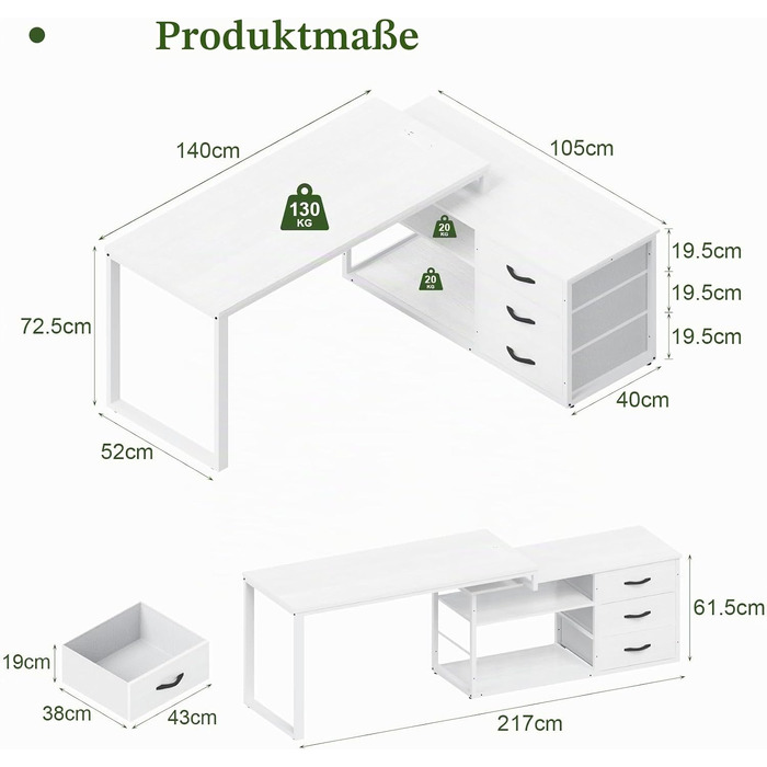 Кутовий стіл JUMMICO з шухлядами, L-подібний реверсивний, 140 x 105 x 75 см, з 2 USB-портами та 2 розетками, білий