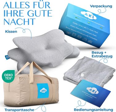 Ортопедична подушка для шиї ARI - Ергономічна подушка з чохлом з піни з ефектом пам&39яті та бавовни Для сну на животі, спині та на боці Подушка з піни з ефектом пам&39яті, включаючи сумку для перенесення та чохол