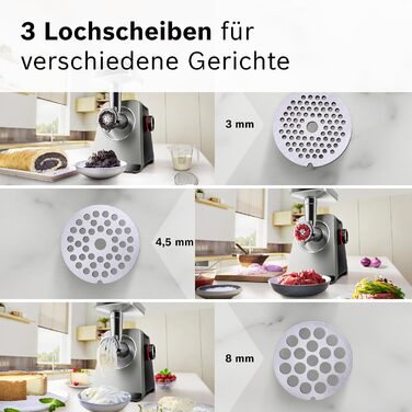 Електрична м'ясорубка Bosch Serie 8 MultiPower MFWS840M, 2500 Вт, нержавіюча сталь, 3 диски (3/4.5/8 мм), насадки для кеббе та ковбас, шинка-терка, придатна для миття в посудомийній машині
