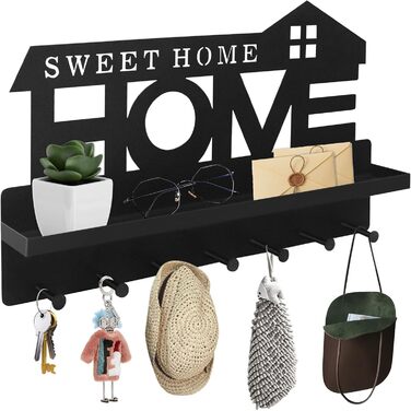 Ключниця з поличкою без свердління чорна, Ключниця сучасна, Ключниця настінна з 7 гачками для ключів і вішалкою, Ключниця для прик