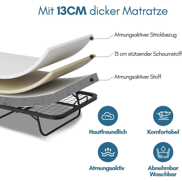 Розкладне ліжко ISOSIL 90x200 см Гостьове ліжко, розкладне з матрацом з пінопласту 13 см Гостьове ліжко, розкладне металевий каркас ліжка, розкладне ліжко на колесах, розкладне металеве ліжко, вантажопідйомність 200 кг, пилонепроникне