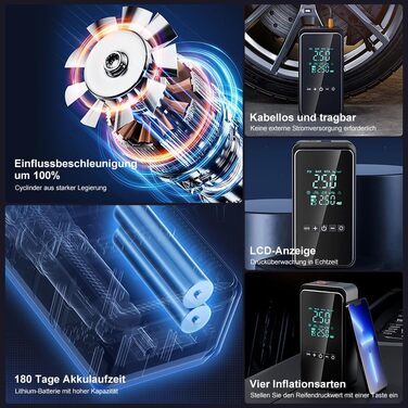 Портативний повітряний компресор Міні-насос для шин 9000 мАг акумуляторний електричний компресор 180PSI Велосипедний насос з цифровим дисплеєм LED 4 режими для автомобільних велосипедних мотоциклетних м'ячів, Power Bank (чорний)