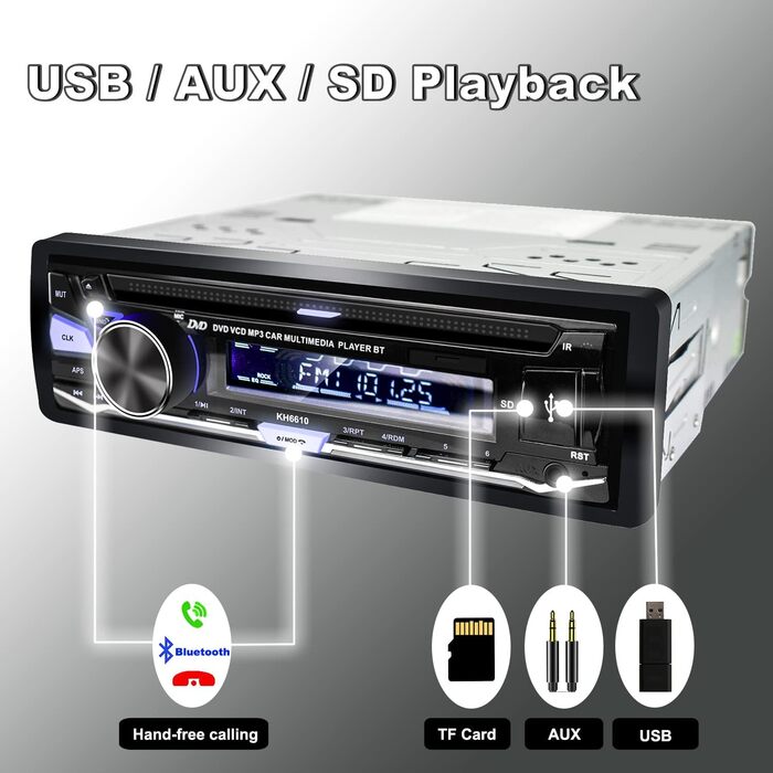 Автомобільна стереосистема Alondy з програвачем CD/DVD Bluetooth USB, CD-тюнер 1Din з радіо RDS FM AM MP3 SD AUX DVD-1 Din