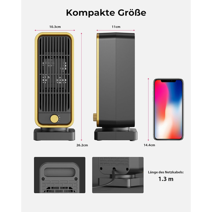 Енергозберігаючий, невеликий, тихий електричний обігрівач - керамічний PTC швидкого нагріву потужністю 900 Вт, 3-швидкісний кнопковий настільний обігрівач із захистом від перекидання для офісу, спальні, ванної кімнати, чорний