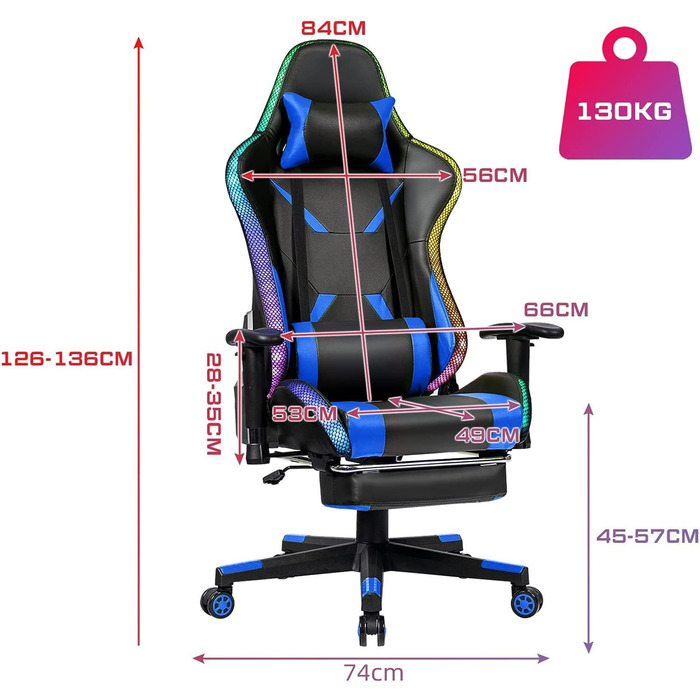 Геймерське крісло з поворотом на 360, гоночне крісло з 358 світлодіодними режимами освітлення, офісне крісло з регульованими підлокітниками, спинкою та підставкою для ніг, комп&39ютерне крісло з поперековою опорою, підголівником та пультом дистанційного к