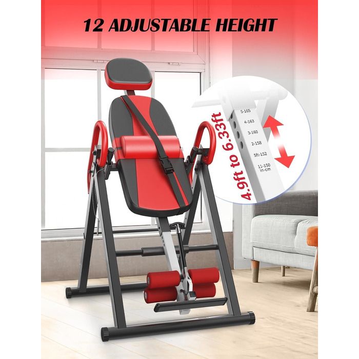 Регульований/складаний інверсійний стіл YOLEO з потрійним блокуванням безпеки, гравітаційний тренажер з ременем безпеки для терапії та полегшення болю в спині/шиї, червоний