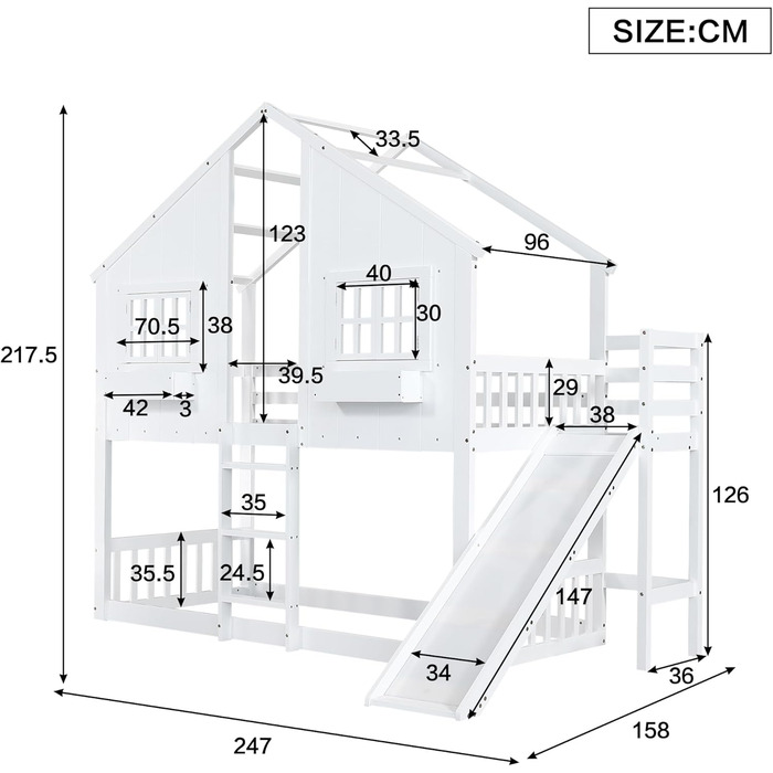 Дитяче двоярусне ліжко 90x200, ліжко-горище, ліжко-будиночок з гіркою, драбиною, вікнами, дахом та ящиком для зберігання, двоярусне ліжко, дерев&39яне ліжко, дитяче ліжко з рейковою основою та поручнями, сосна, без матраца, білий колір