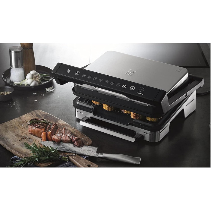 Електрогриль 2000 Вт, 6 програм, сенсорна технологія, пластини з покриттям, гриль Panini, нержавіюча сталь матова