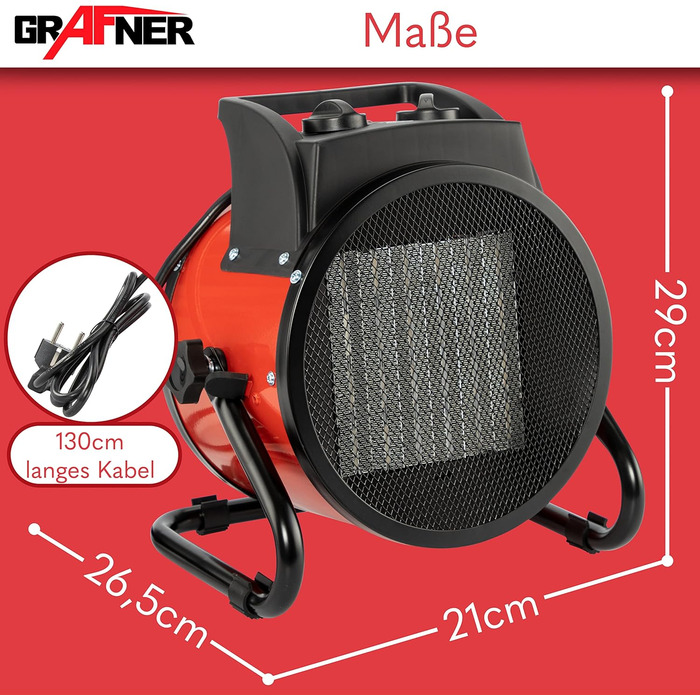 Керамічний вентилятор-обігрівач Grafner XXL потужністю 3000 Вт (3 кВт), 3 режими нагріву, автоматичний термостат, потужний турбонагрівач, PTC-елемент, захист від перегріву, електричний будівельний обігрівач, електричний обігрівач, обігрівач для наметів