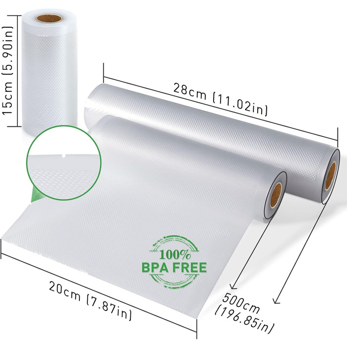 Вакуумний пакувальник KitchenBoss Вакуумний пакувальник Плівка Рулони Вакуумний пакет Їжа Вакуумна плівка Рулони Термозбіжна плівка, Пакет без BPA фольги для вакуумної машини, 8 рулонів 15x2/20x2/28x4/x300см