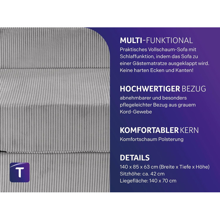 Диван-ліжко Dream Night з сірим вельветовим чохлом, знімний чохол, який можна прати, спальна зона 140x200, виготовлено за німецькими стандартами якості, сірий (велветовий) гостьовий диван