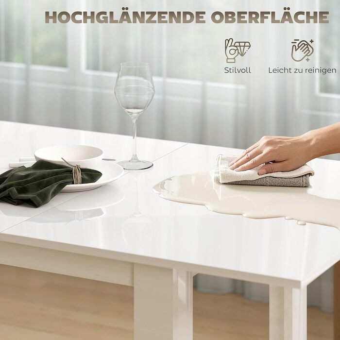 Розсувний обідній стіл HOMCOM 120-160 x 80 см Кухонний стіл для 4-6 осіб Сучасний обідній стіл для кухні, їдальні, білий глянець