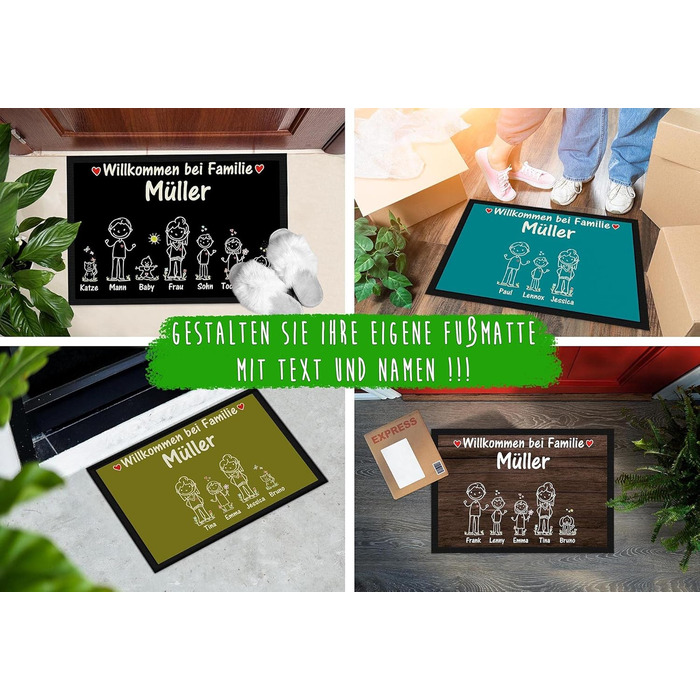 Створіть свій власний килимок для дверей - Прізвища, 1, 2 або 3 дітей, собака, кіт - Ласкаво просимо - Індивідуальний друк - Фігурки-палички, подарунок на новосілля, церемонію завершення шлюбу, день народження Персоналізований, 60 x 40 см