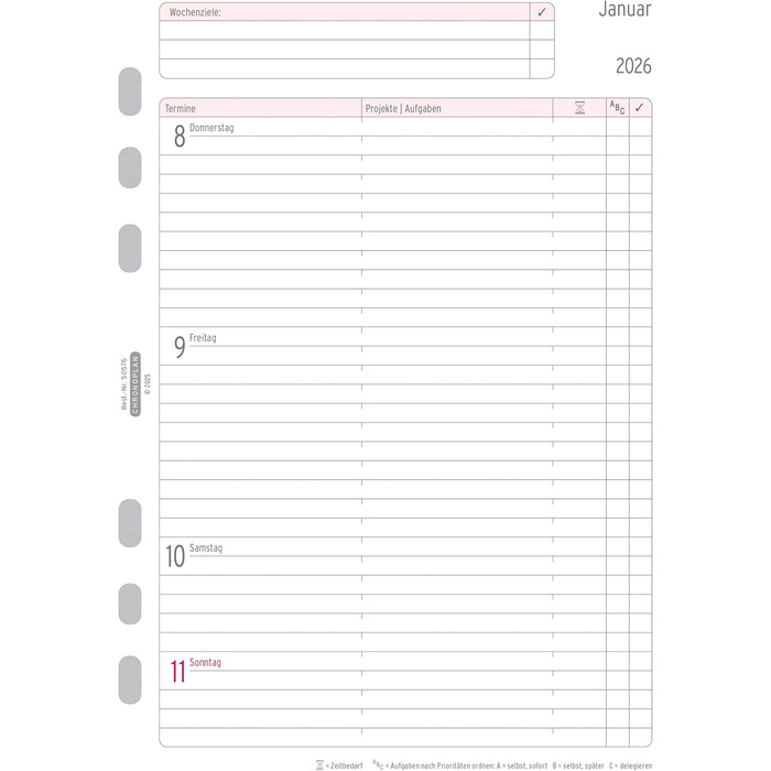 Вкладиш-календар Chronoplan 50576 2026 (тижневий планувальник A5 (148x210 мм) Змінний календар для планувальників зустрічей, ідеально підходить для детального тижневого планування, 1 тиждень на 2 сторінках у рядки, з універсальним перфоратором) білий