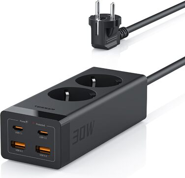 Подовжувач TESSAN 30 Вт USB C, швидка зарядка GaN USB C з 2 відсіками та 4 USB, розетка з подовжувачем 2M, захист від перенапруги